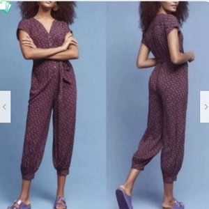ANTHROPOLOGIE MAEVE Geoscope Jumpsuit Purple Printed Rayon Button Front womens S
